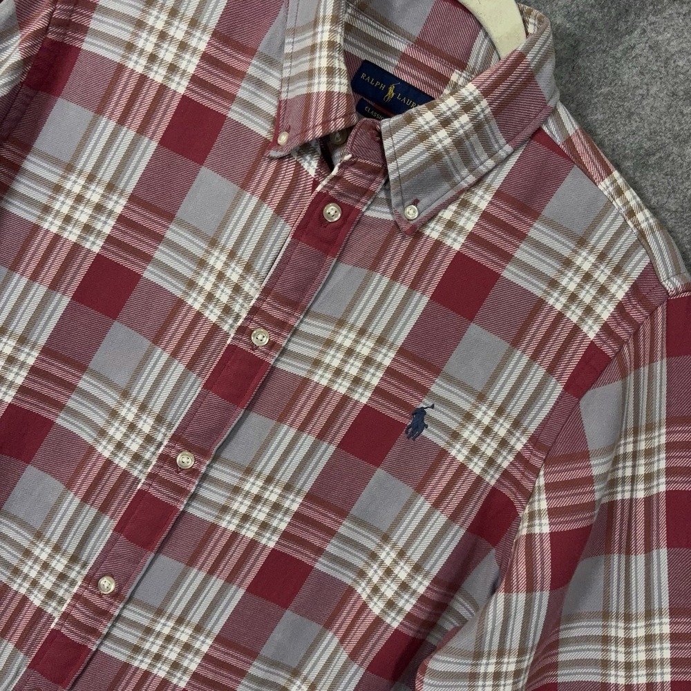 Ralph Lauren Flannel Shirt Mens XL Red Gray Plaid Classic Fit Pony‎ Logo